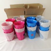 Twelve boxed as new Rice melamine cups in medium blue and twelve Rice melamine cups in fuschia