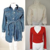 Bagged as new NU - IN Belted denim mini dress. Mid Blue, Size S, a NU - IN Cropped puffer jacket,