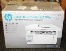 A boxed as new HP LaserJet Pro M130fn A4 Mono Multifunction Printer (P/N:G3Q59A) (Box opened, some