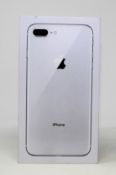 A boxed as new Apple iPhone 8 Plus (AT&T/T-Mobile/Global/A1897) 64GB in Silver (Box opened. UK plug,