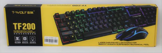 Nine boxed as new T-WOLF TF200 Rainbow Backlit Game Keyboard and Mouse Sets (US keyboard).