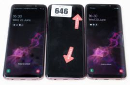 SOLD FOR PARTS: Three pre-owned Samsung Galaxy S9 64GB in Lilac (Both FRP clear. All with damage