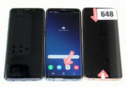 SOLD FOR PARTS: Three pre-owned Samsung Galaxy S9 64GB (2 x Blue, 1 x Gold) (All FRP clear. All with