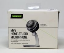 A boxed as new Shure MV5-LTG Home Studio Microphone (USB and Lightning Compatible) (Box opened).