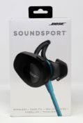 A boxed as new pair of Bose SoundSport Wireless Headphones in Aqua (S/N: 073134P02671771AE) (Box