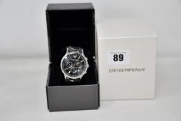 A men's boxed as new Armani AR2447 Chronograph Leather Strap Watch.