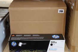 Six HP Laserjet Toner Cartridges 201A (Three black CF400A, two cyan CF401A and one magenta CF403A).