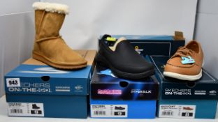 Four pairs of women's as new Skechers; On The Go Joy Lush (UK 6), Go Walk 5 Polished (UK 6) and