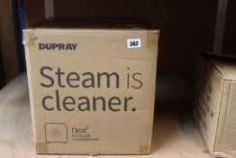 A boxed as new Dupray Neat steam cleaner in white.