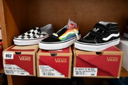 Three pairs of as new Vans; Classic Slip Mix, Old Skool and SK8 Mid Reissue (All UK 4).