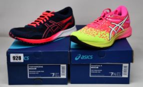 Two pairs of women's as new Asics trainers; Tartheredge (UK 5) and DynaFlyte 4 (UK 5.5).