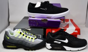 Three pairs of as new Nike trainers; SB Shane (UK 8.5), Air Max 95 OG (UK 7) and Air Max 90 LTR (