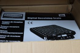 A boxed Rubbermaid digital receiving scales (68kg).