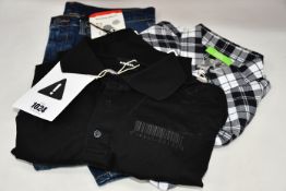 Three items of as new Diesel clothing; a pair of jeans (W30/L32), check shirt (L) and black shirt (M