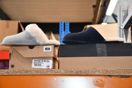 Two pairs of as new Ugg slippers; Scuff (UK 9) and Scuffette II (UK 8).
