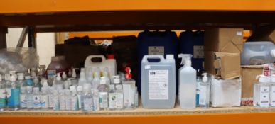 A shelf of hand sanitizers/soaps/cleaning products.
