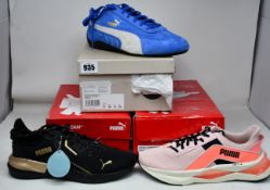 Three pairs of as new Puma trainers; women's Platinum Metallic (UK 6), women's LQDCell ShatterGeo