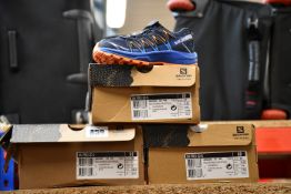 Three pairs of children's as new Salomon XA Pro 3D shoes (UK 9.5k, 10.5K, 5).