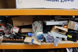 A shelf of industrial and related items.