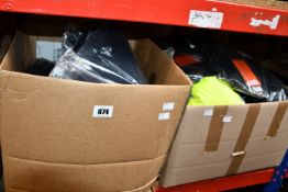 Two boxes of as new workwear to include trousers, jackets and hats.