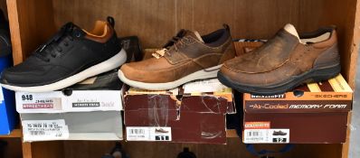 Three pairs of men's as new Skechers; Elent Leven (UK 10), Expended Seveno (UK 11) and Delson 2.0 (