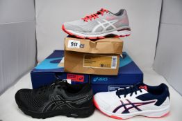 Three pairs of women's as new Asics trainers; Gel-Sonoma 4 G-TX (UK 7), Court Slide (UK 5.5) and