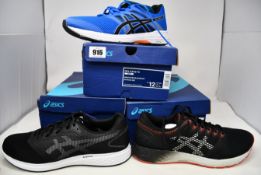 Three pairs of men's as new Asics trainers; RoadHawk FF 2 (UK 8), Gel-Exalt 5 (UK 11) and Patriot 10