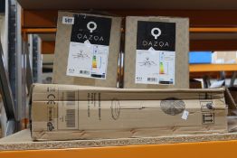 Two boxed Qazqa fresh ceiling fans in grey and a Casa Fan satin metal breeze 2 pedestal fan.