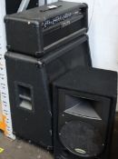 A Crate GT1200h 3 channel amplifier with a pre-owned Crate speaker and a Samson Resound RS12 speaker