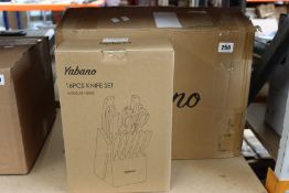 Four boxed as new Yabano 16-Piece Kitchen Knife Sets with Block and Sharpener (KF-H8002).