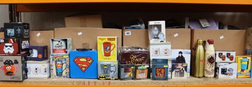Assorted as new British film/TV novelties to include mugs, coasters, lunchboxes and games from