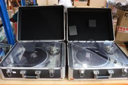 Two pre-owned Technics SL-1200 MK2 direct drive turntables with flight cases.