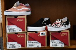 Four pairs of as new Vans; Classic Slip Cherry Blossom (K 5), Old Skool (UK 5.5), Classic Slip-on (