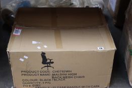 A boxed Maldini high back mesh chair in black and white.