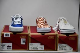 Three pair s of as new vans; Ave Pro (UK 9.5), Vans Sport (UK 9) and Classic Slip-On (UK 8).