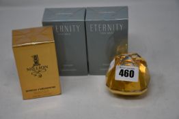 Two as new Calvin Klein Eternity for men cologne (2 x 100ml) and two as new Paco Rabanne eau de
