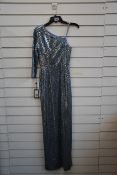 An as new Adrianna Papell mirror foil one shoulder gown (Size 8).