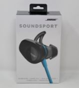 A boxed as new pair of Bose SoundSport Wireless Headphones in Blue/Black (Box sealed).