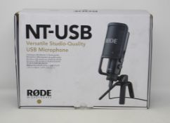 A boxed as new Rode NT-USB Condenser Microphone (Box opened, some damage to box).