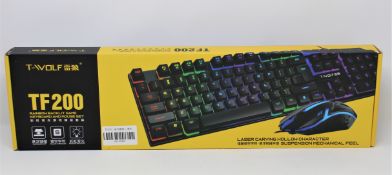 Ten boxed as new T-WOLF TF200 Rainbow Backlit Game Keyboard and Mouse Sets (US keyboard).