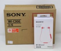 Six boxed as new Sony WI-C300 In Ear Wireless Bluetooth Headphones in Red (Boxes sealed).