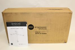 A boxed as new ESI Ergo EVOLVE3-FMS-SLV Triple Monitor Arm in Silver (Outer box opened, inner
