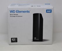 A boxed as new WD Elements 12 TB desktop external hard drive (serial number: 9RKHXBND, box sealed).