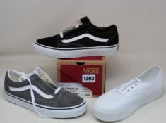 Three pairs of as new Vans footwear; two pairs of Old Skool (UK 5) and a pair of Authentic (UK 5).
