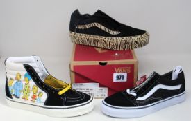 Three pairs of as new Vans footwear; Sk8-Hi The Simpsons 1987-2020 (UK 4) and two pairs of Old Skool