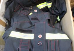 Three Bristol Uniforms firefighting jackets and three pairs of firefighting trousers.