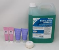 A quantity of assorted hotel style shampoo's/gels and three hair and body shampoo's (3 x 5ltr).