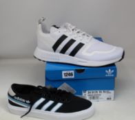 Three pairs of as new Adidas Delpala trainers (UK 7, 10, 12) and a pair of Adidas Multix (UK 11).