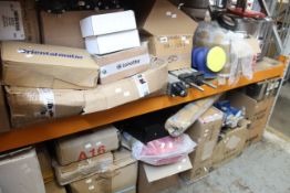 Two shelves of miscellaneous items, mainly industrial.