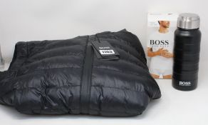 As new Hugo Boss items; a scarf, quilted gillet (Size 50), water bottle, pack of three crew neck T-